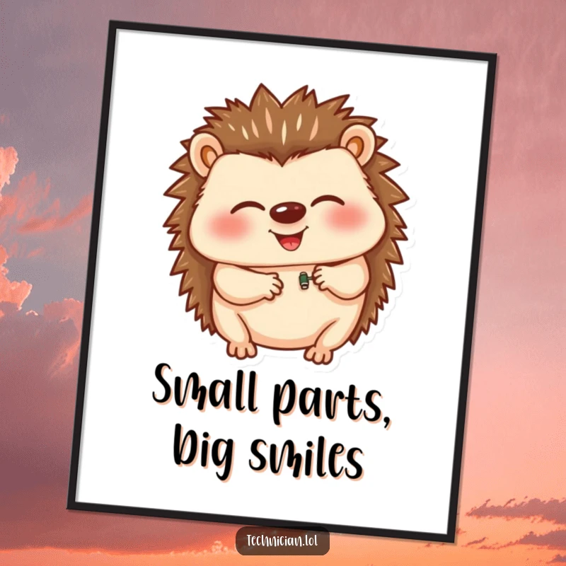 Funny digital art print of a giggling hedgehog meticulously inserting a tiny component, capturing a moment of pure joy and focused creativity.