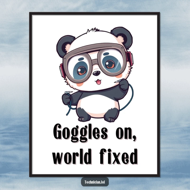 Funny digital art print, playful panda with goggles soldering wires, electronics art, maker decor.