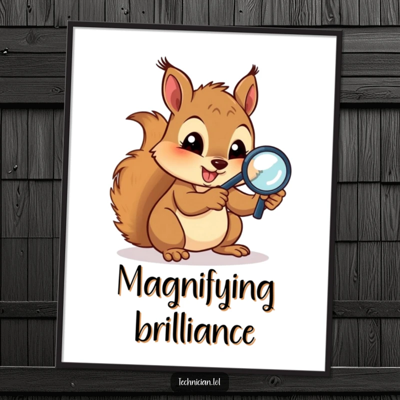 Funny Digital Art Prints: A gleeful squirrel intensely examines circuits with a magnifying glass, creating a humorous and detailed piece of art for tech lovers.
