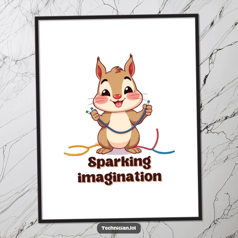 Funny cheerful squirrel smiling while connecting colorful wires, digital art print, instant download, perfect funny gift.