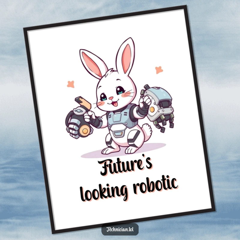 Funny bunny digital art print, a playful bunny happily assembling a robotic arm, a cute engineering scene.