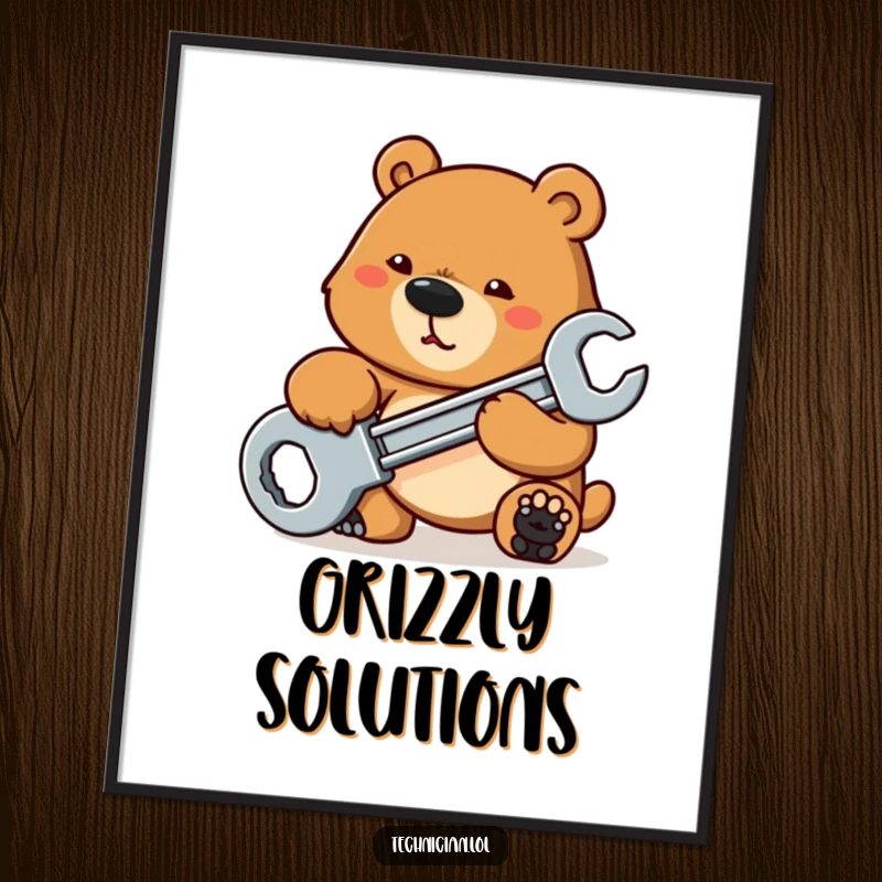 Funny Digital Art Prints: A determined bear powerfully tightens a bolt with a large wrench, creating a humorous and strong piece of art for any space.