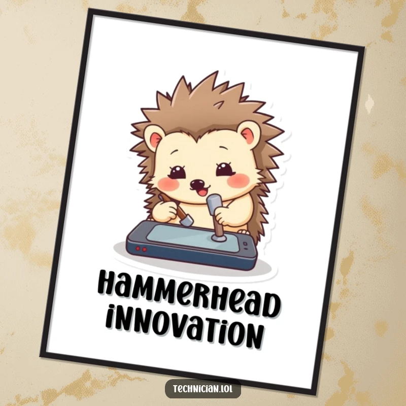 Funny hedgehog digital art print: a determined hedgehog with a tiny hammer tackling a broken router, a humorous tech support theme.