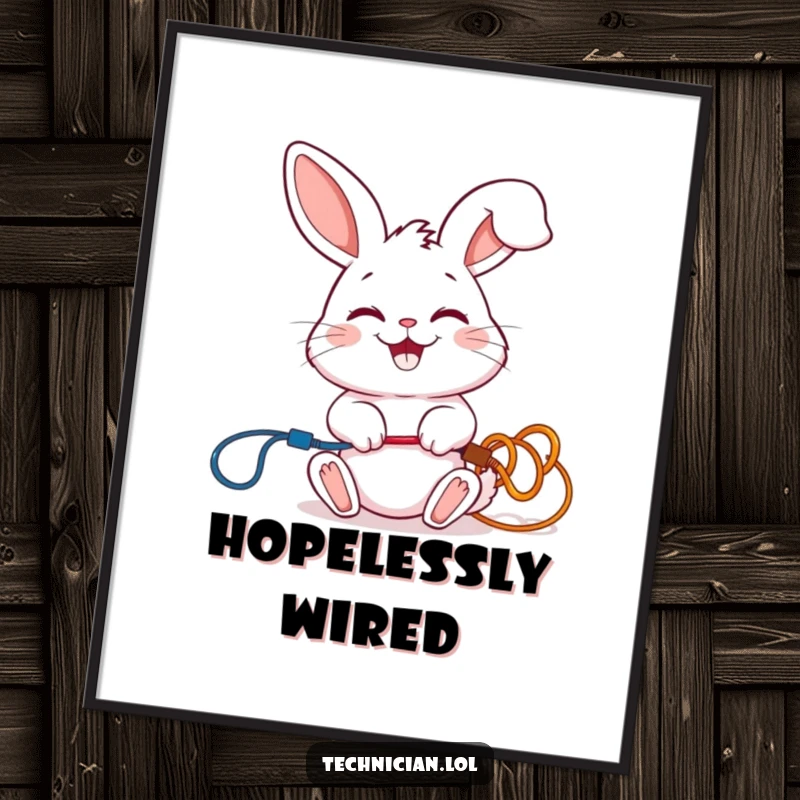 Funny digital art print of a giggling rabbit connecting colorful wires with a smile, ready for instant download.