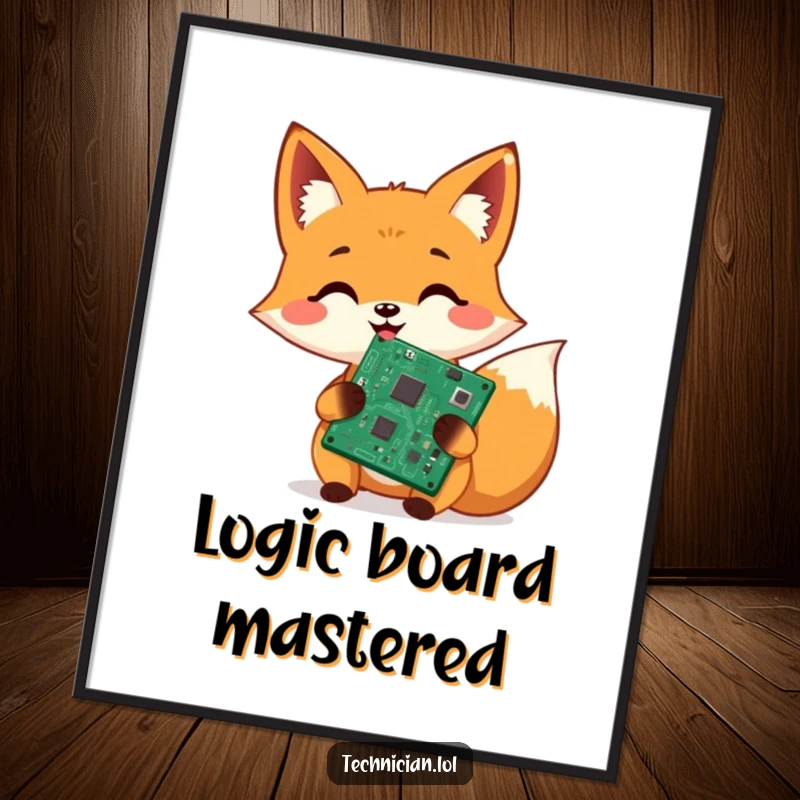 Funny digital art print, cheerful fox proudly displaying a repaired circuit board, tech wall art, instant download.