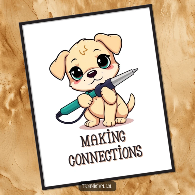 Funny puppy holding a soldering iron, determined digital art, DIY theme, humorous and stylish wall decor, a funny gift.
