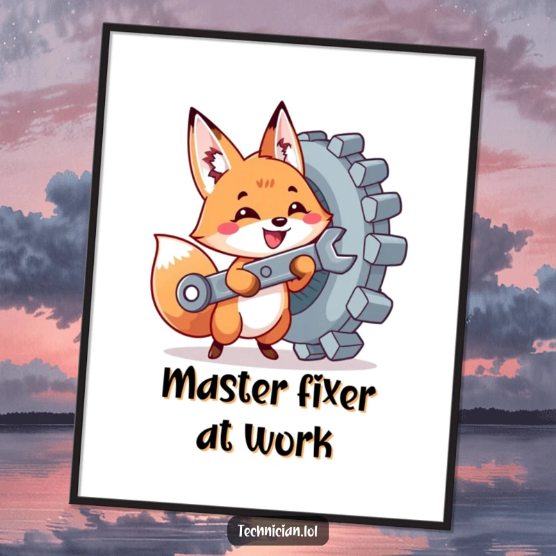 Funny digital art print of a cute fox with a wrench excitedly tightening a giant bolt, designed for amusing DIY wall decor.