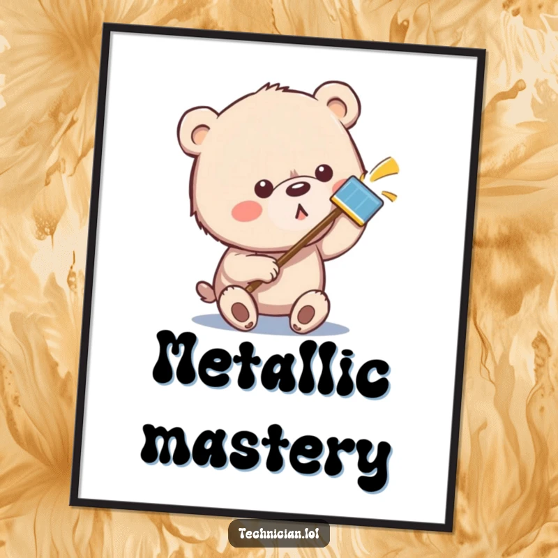 Funny bear digital art print: a determined bear meticulously cleaning a metallic surface to a mirror shine, symbolizing focus and cleanliness.