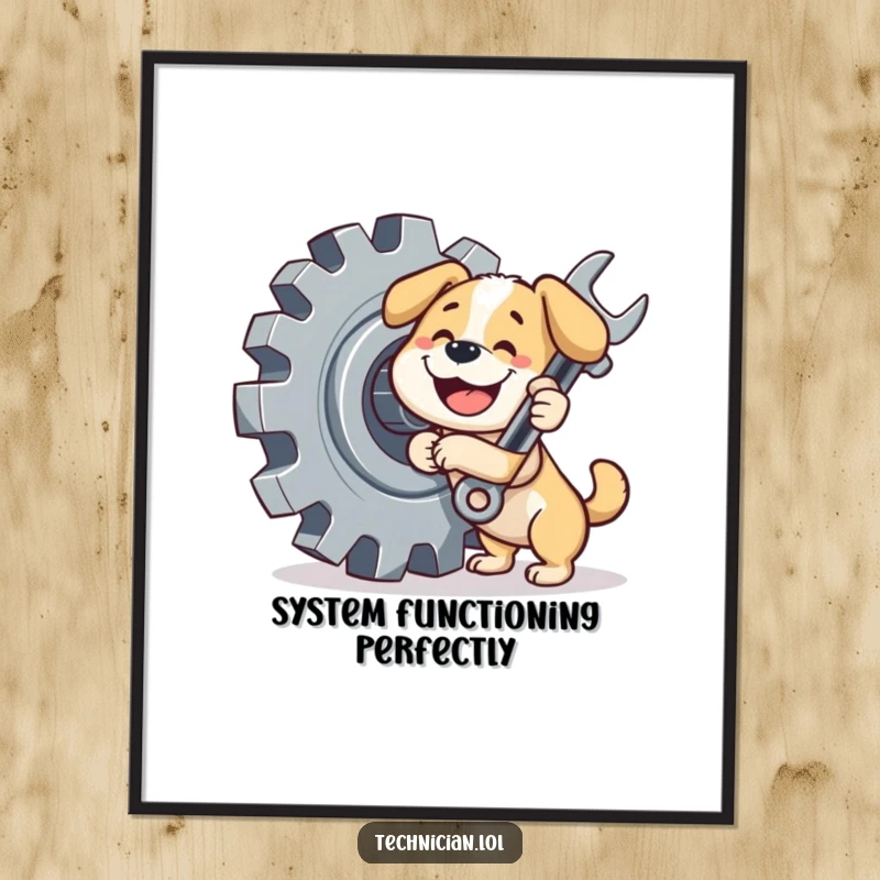Funny dog digital art print, a happy dog uses a wrench on a giant gear, a humorous mechanical scene.