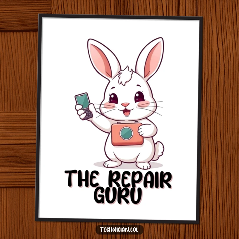 Funny digital art print of a proud rabbit displaying a repaired gadget, full of accomplishment and cartoonish technical skill.
