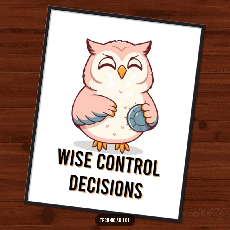 Funny digital art print of a content owl smiling while adjusting a dial on a control panel, ready for instant download and display.