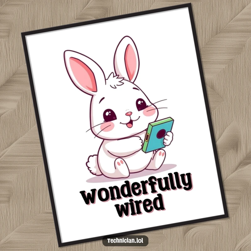 Funny digital art print of a cheery rabbit holding a colorful gadget, curious face, perfect for downloadable humorous decor.