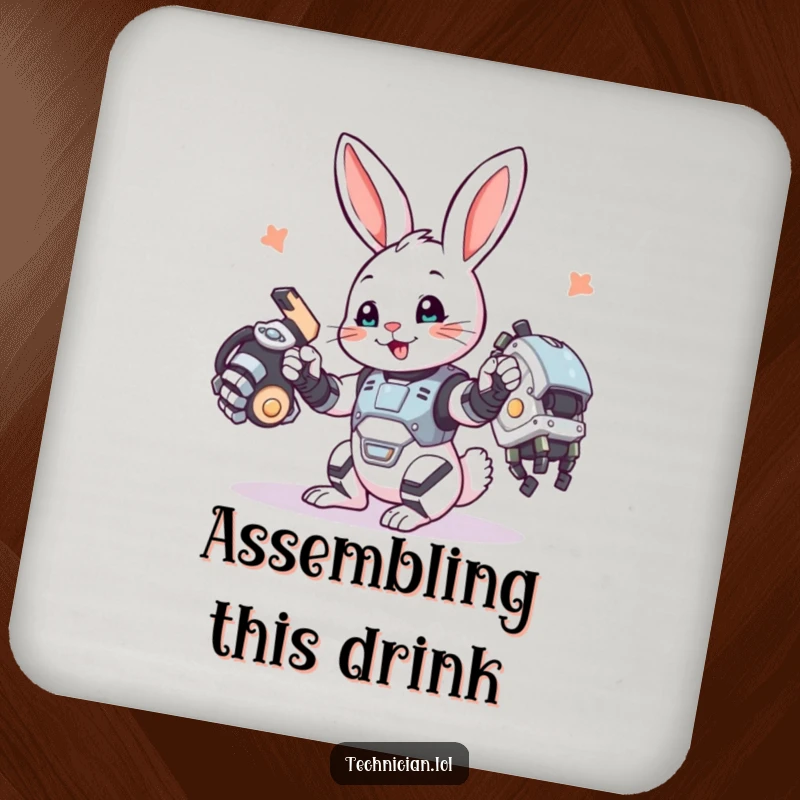 Funny bunny coaster, a playful bunny assembling a robotic arm, protecting surfaces with engineering flair.