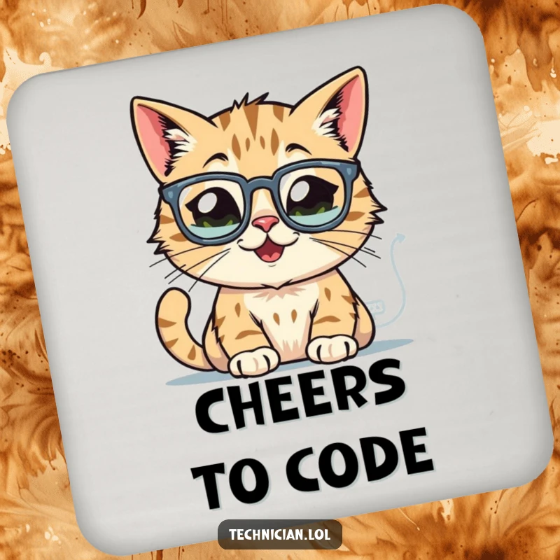 Funny cat drink coasters, wearing glasses, intently peering at glowing computer schematics, adding tech flair.