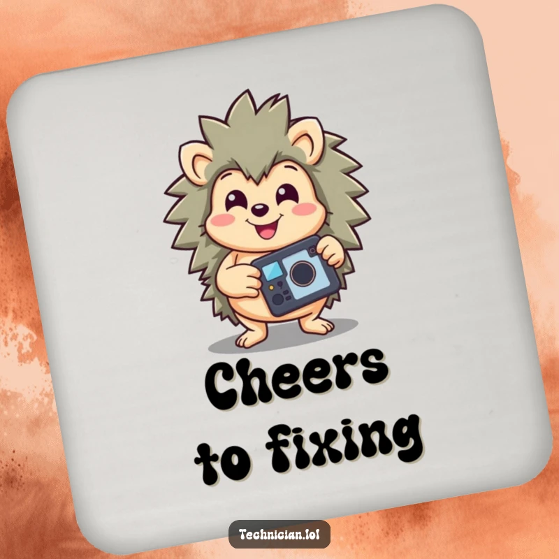 Funny drink coasters featuring a happy hedgehog holding a repaired gadget, smiling triumphantly, providing humorous surface protection.