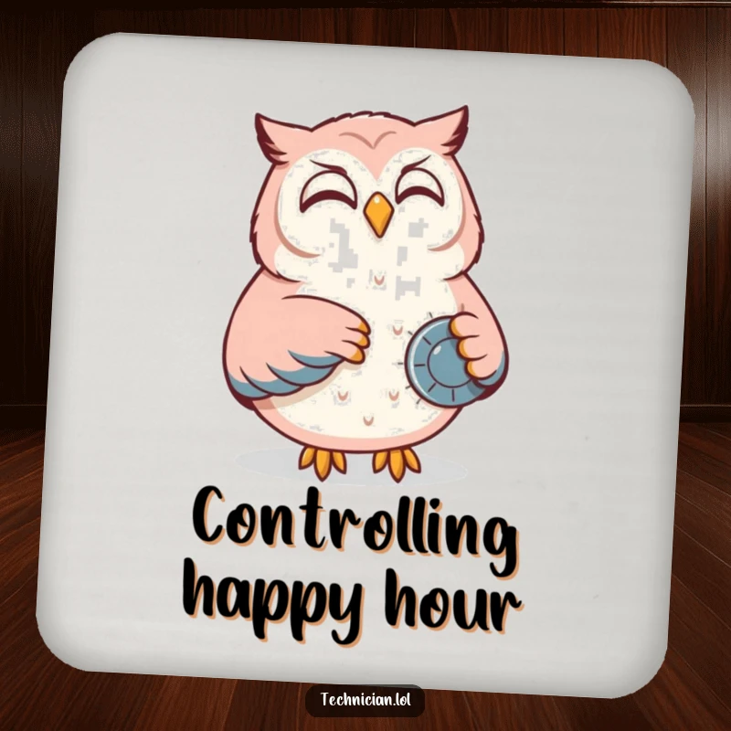 Funny drink coasters depicting a content owl smiling while adjusting a dial on a control panel, protecting surfaces with wisdom.