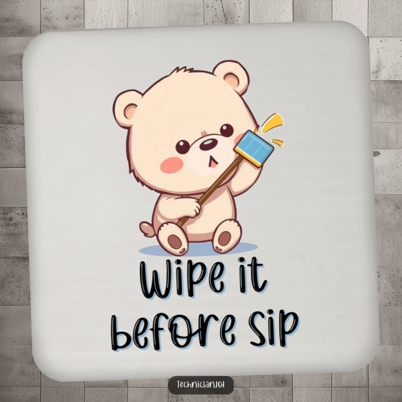 Funny bear drink coaster art of a bear polishing a metallic surface until it gleams, symbolizing protection and cleanliness.