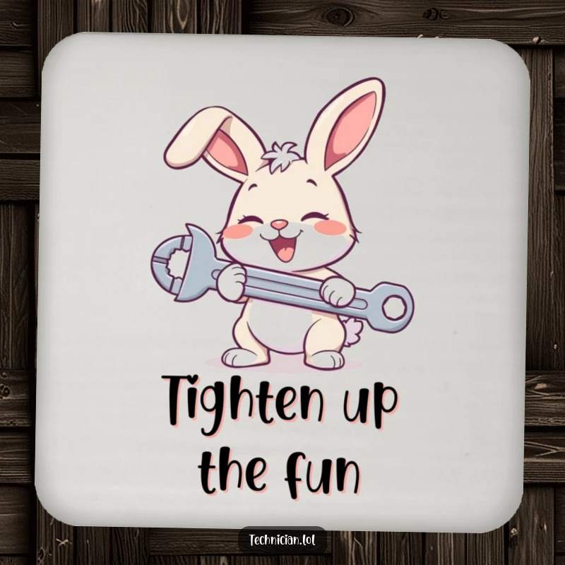 Funny bunny mechanic coasters, featuring a happy rabbit with a wrench, protecting surfaces with humor and charm.