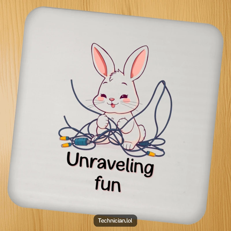 Funny drink coaster with a smiling bunny intently examining a tangled mess of wires, adding humorous tech-themed protection to your surfaces.