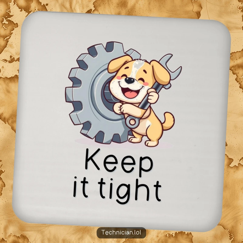 Funny dog coaster, a happy dog with a wrench and gear featured, protecting surfaces with mechanical flair.