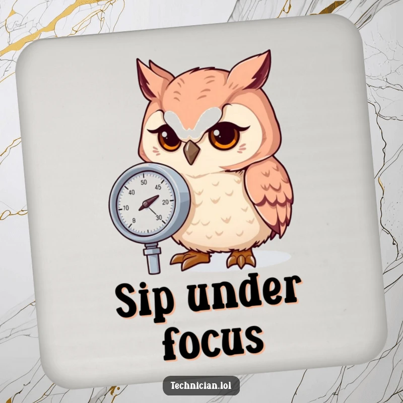 Funny owl intently checking a pressure gauge, designed on a coaster for stylish surface protection.