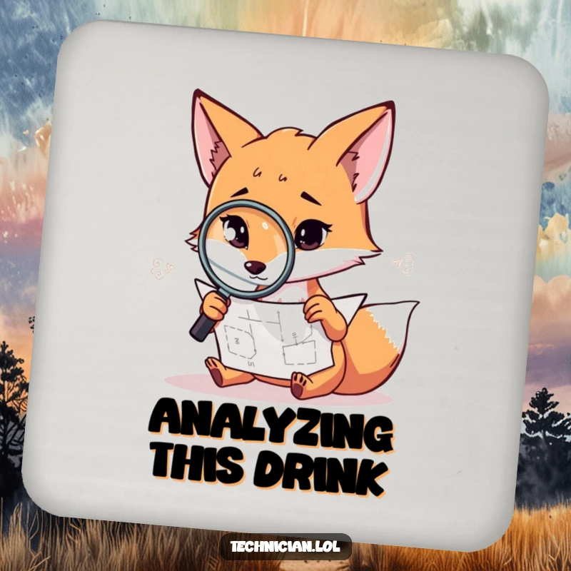 Funny fox coaster, a determined fox with a magnifying glass and diagram, protecting surfaces with intelligence.