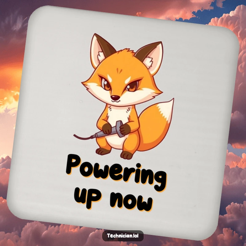 Funny drink coaster showing a determined fox holding a soldering iron, ideal for protecting surfaces with a hint of focus.