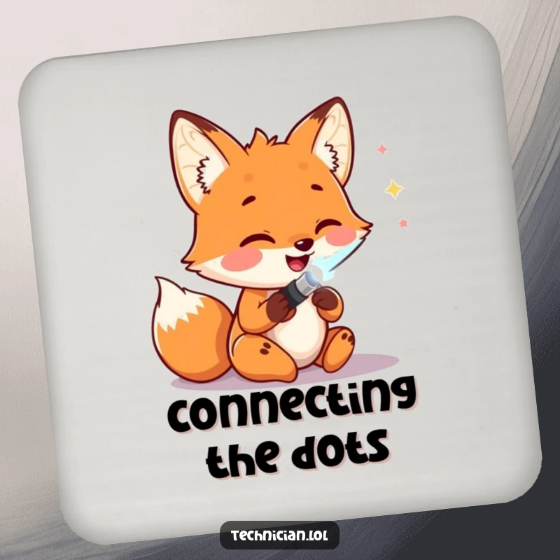 Funny Coasters: A happy fox solders wires with a glowing tool, bringing a fun, tech-themed flair to protect your surfaces with humor.