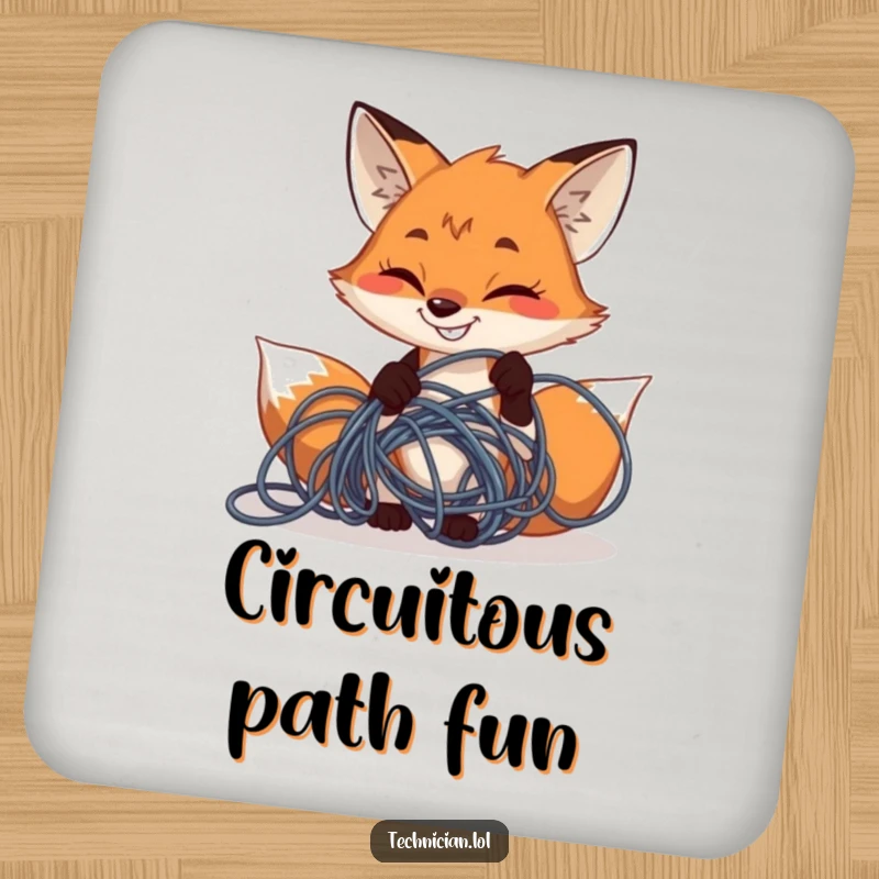 Funny determined fox grinning while fixing tangled wires, on a drink coaster, perfect funny gift.