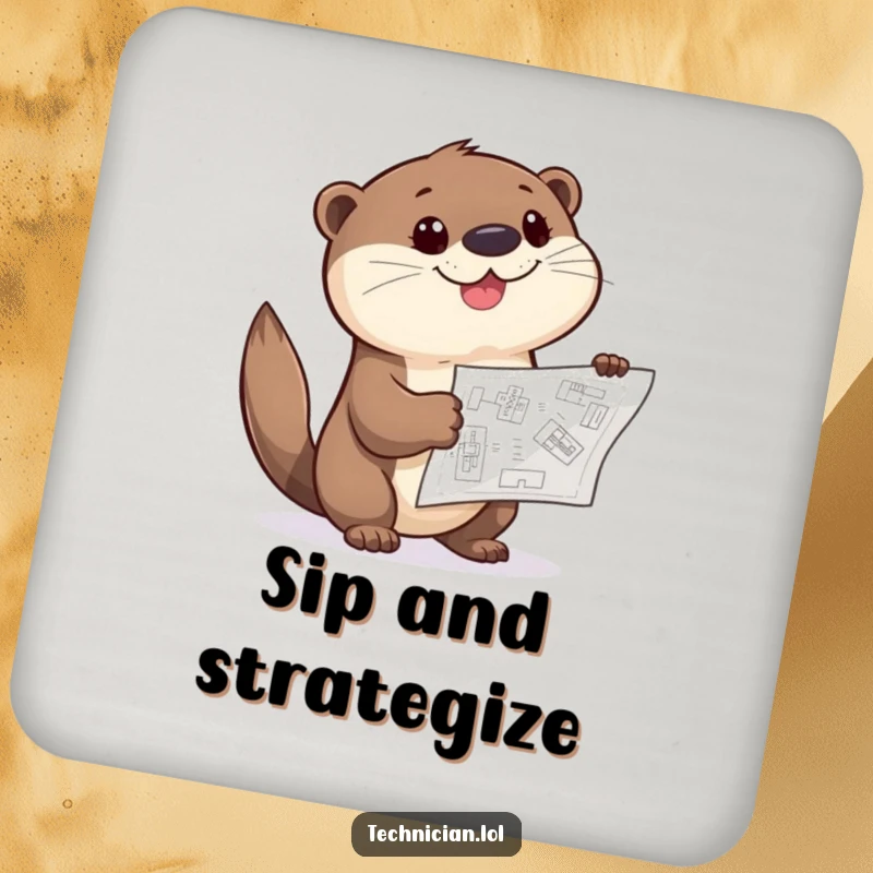 Funny Otter Coaster featuring a giggling otter pointing curiously at a blueprint, protecting surfaces with playful planning.