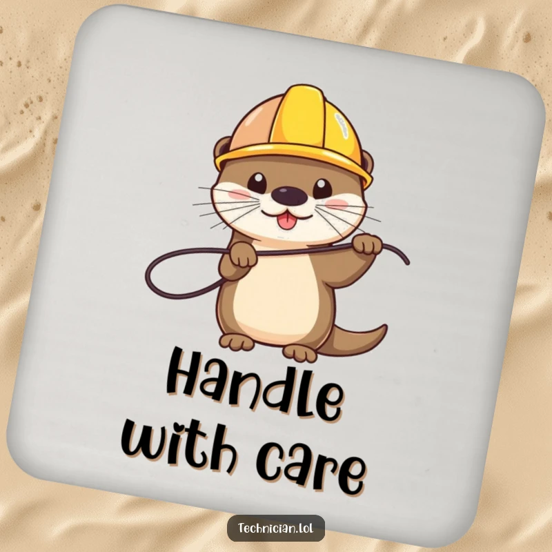 Funny coaster with a playful otter wearing a hard hat and holding a wire, adding humor to tables, a great funny gift.