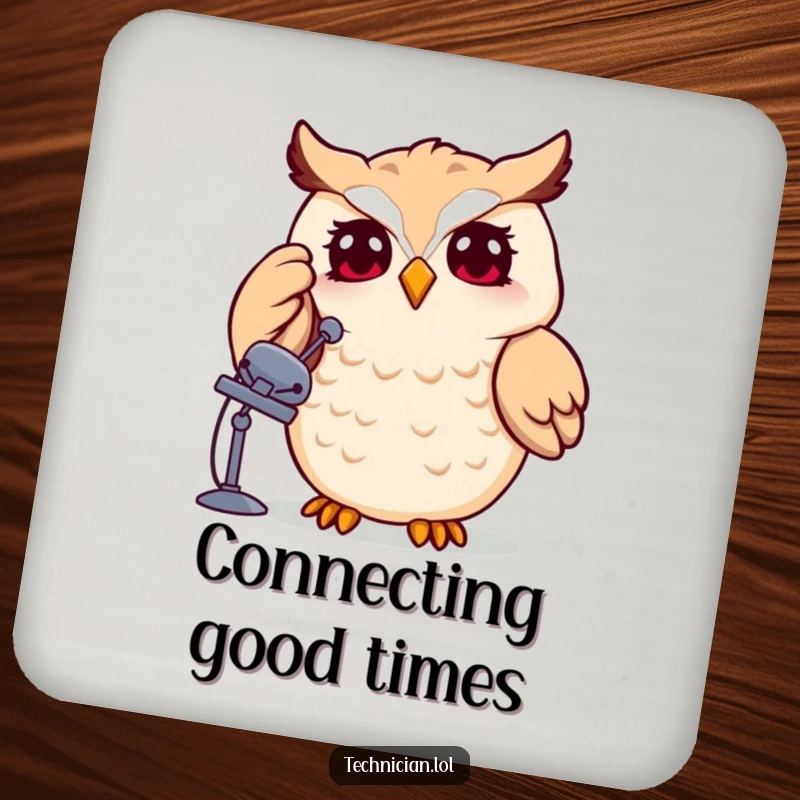 Funny owl adjusting a satellite dish on a drink coaster, protecting surfaces with whimsical tech humor, a cute funny gift.