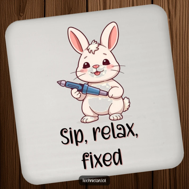 Funny Rabbit Coaster featuring a content rabbit looking satisfied while holding a screwdriver, protecting surfaces with DIY pride.