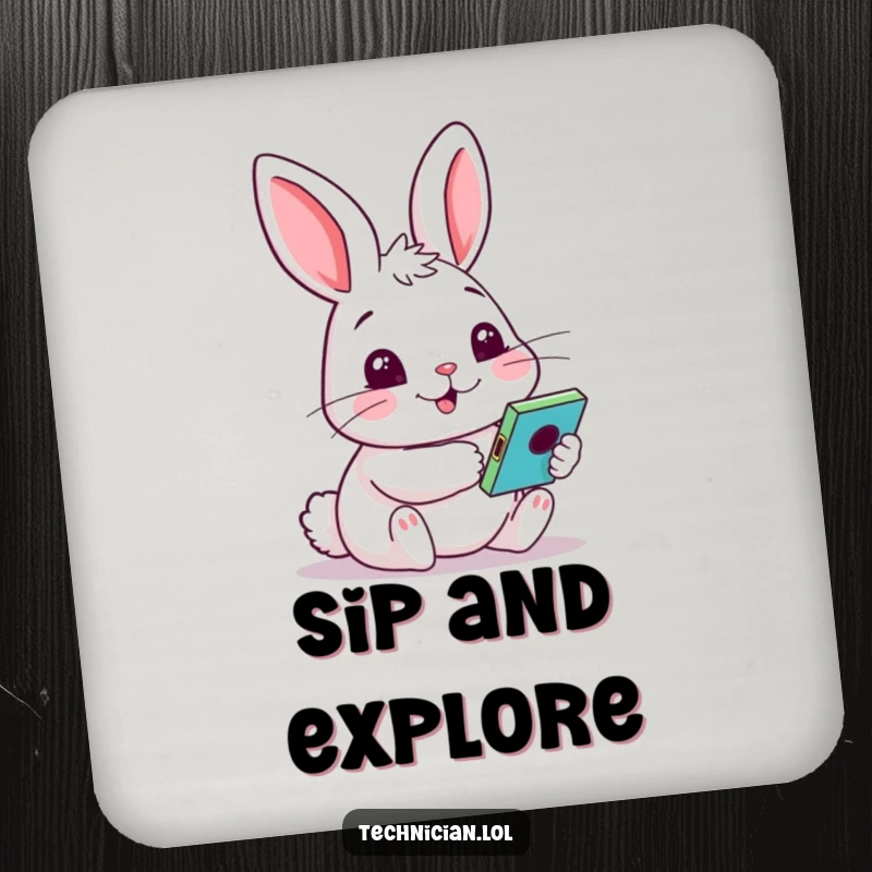 Funny drink coasters featuring a cheery rabbit holding a colorful gadget, curious face, providing humorous surface protection.