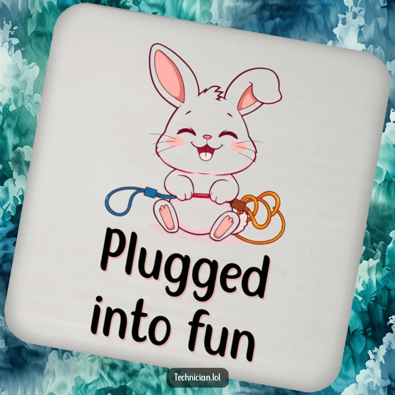Funny drink coaster with a giggling rabbit connecting colorful wires with a smile, protecting surfaces with charm.