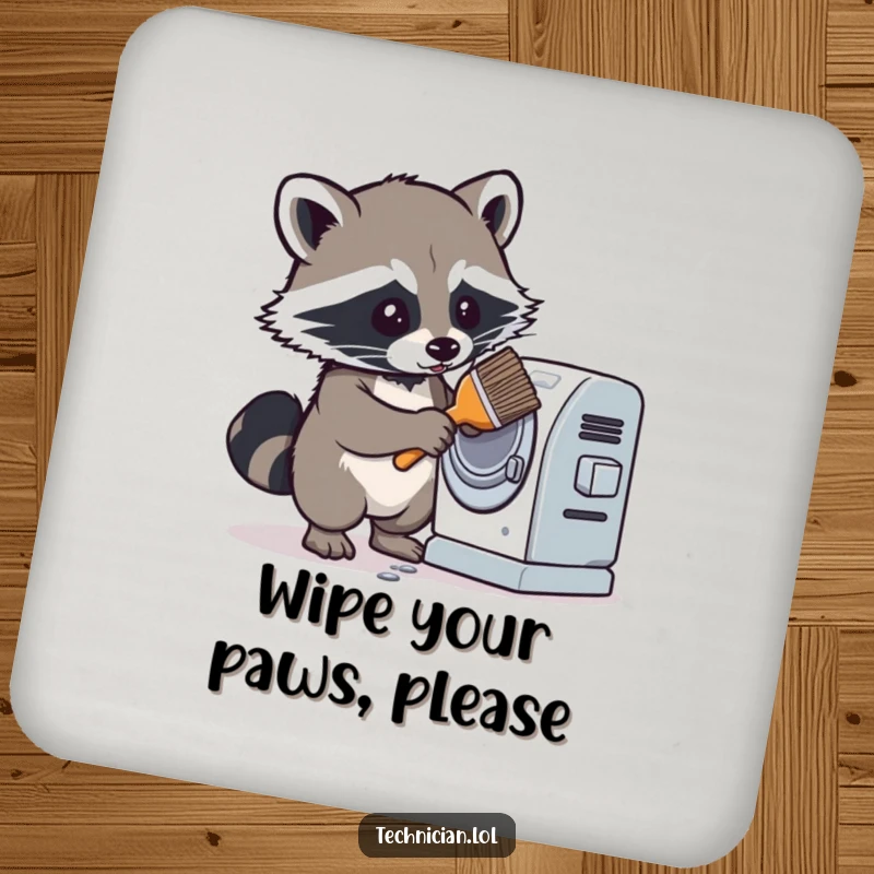Funny drink coaster with a determined raccoon cleaning a dusty machine with a brush, offering humorous and meticulous protection for surfaces.