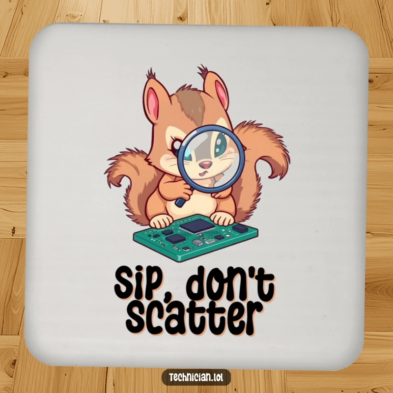 Funny drink coaster with a determined squirrel analyzing a circuit board with a magnifying glass, protecting surfaces.