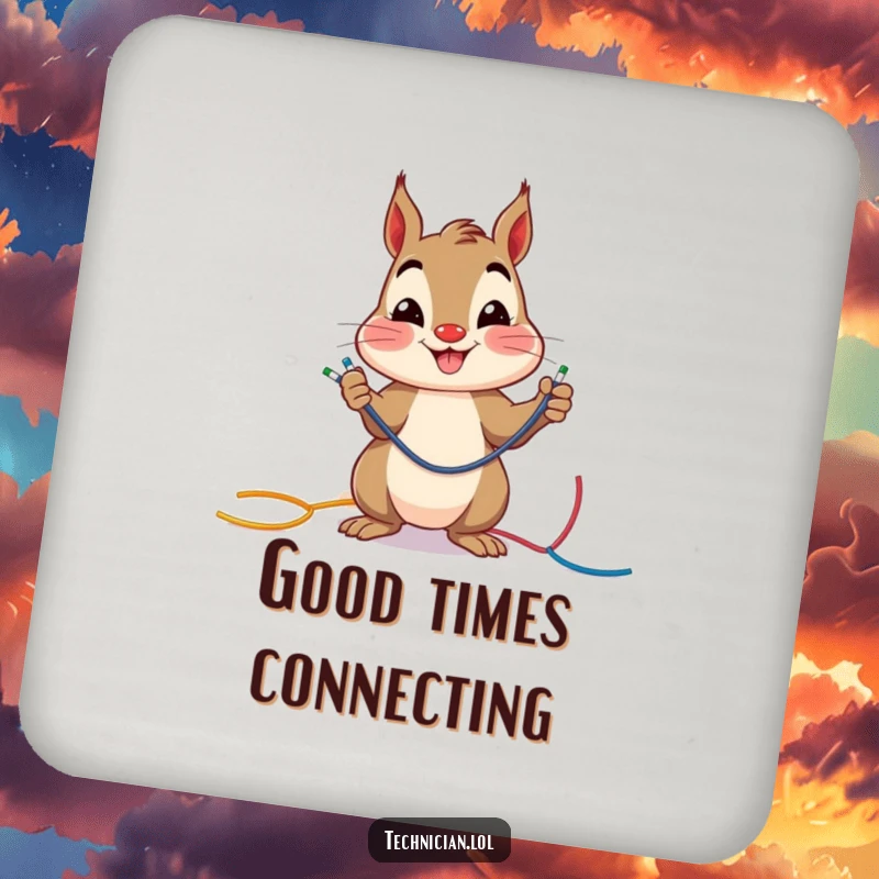 Funny cheerful squirrel smiling while connecting colorful wires, on a drink coaster, perfect funny gift.