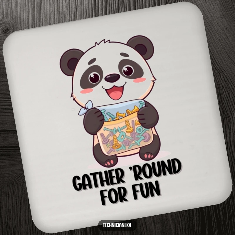 Funny drink coaster with a silly panda proudly holding a bag of assorted screws, protecting tables with humor.