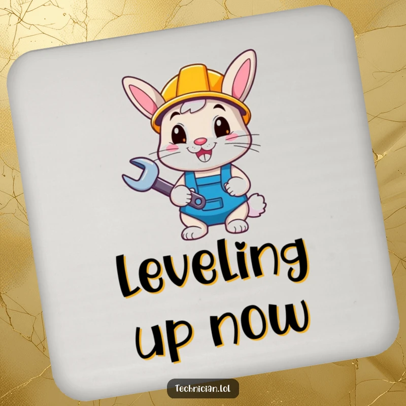 Funny bunny with hard hat and wrench, smiling, on a drink coaster, perfect funny gift.