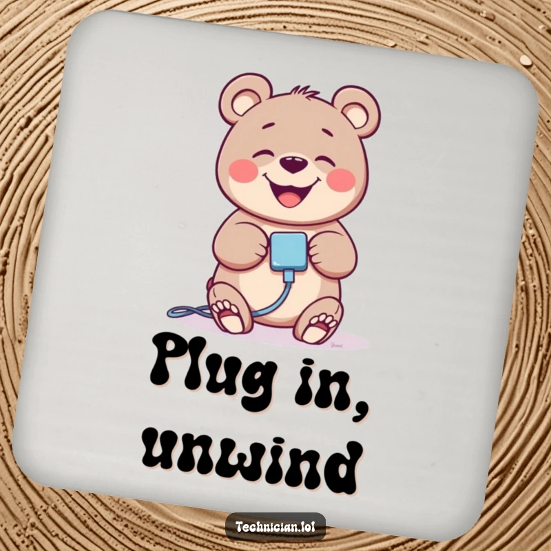 Funny giggling bear character plugging in a cable, printed on a protective drink coaster, adds tech humor.