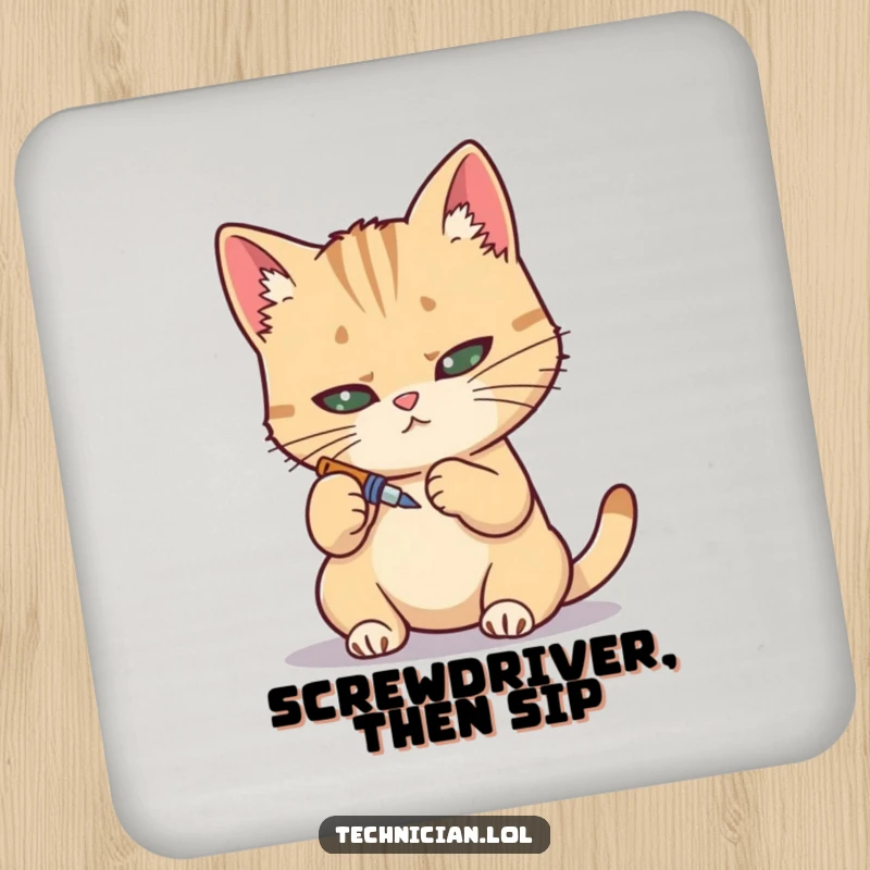 Funny coaster, determined cat using a tiny screwdriver, precise mechanic, table protection, cat decor.