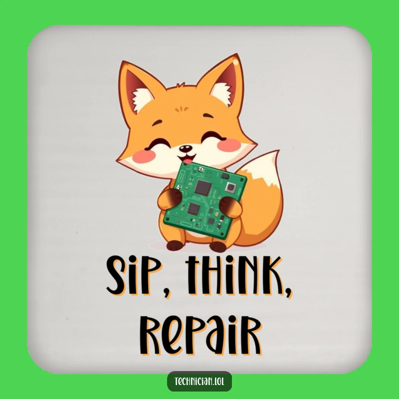 Funny Fox Tech Repair Coaster: Protect surfaces with this cheerful circuit fixer, a perfect funny gift!