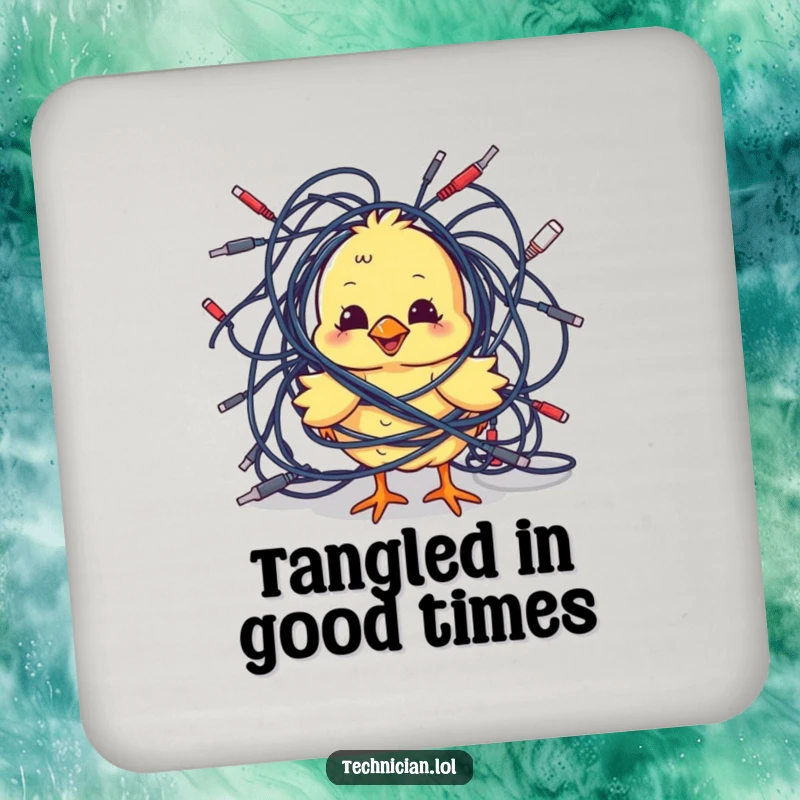 Funny Coasters: A playful chick comically tangled in cables adds a fun, cute tech-themed flair to protect your surfaces with humor.