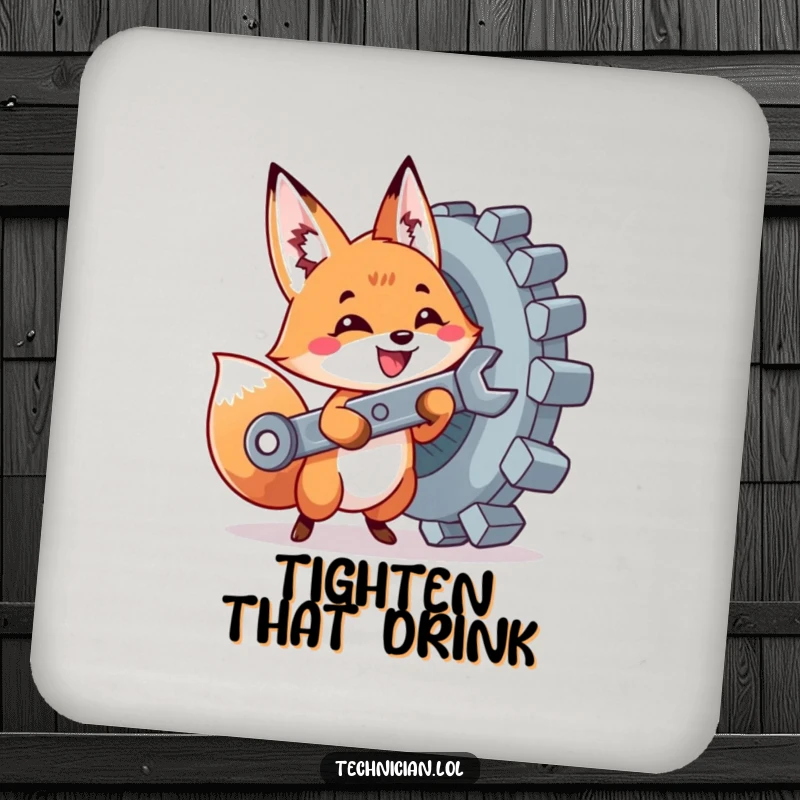 Funny drink coasters showing a cute fox with a wrench tightening a giant bolt, adding a humorous DIY touch.