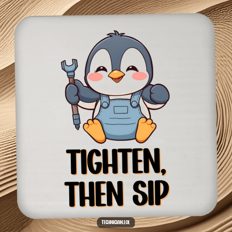 Funny penguin mechanic character tightening a bolt, printed on a protective drink coaster, adds humor to tables.