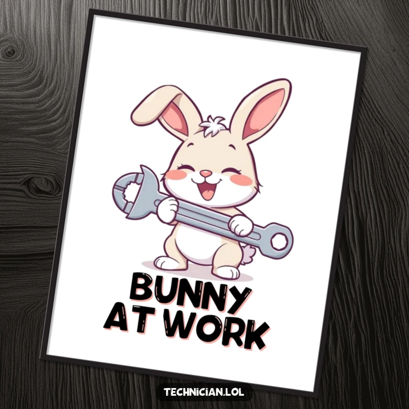 Funny bunny mechanic poster, showing a smiling bunny holding a wrench, ready to fix, humorous and cute animal art.