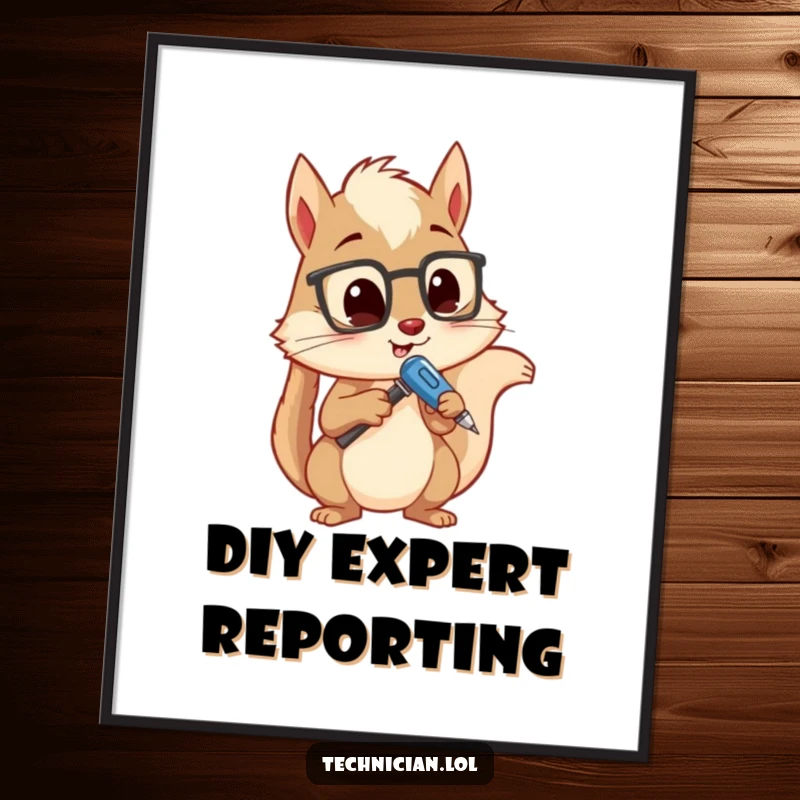 Funny poster showcasing a curious squirrel holding a screwdriver, examining a device with intense concentration, perfect for a humorous workspace.