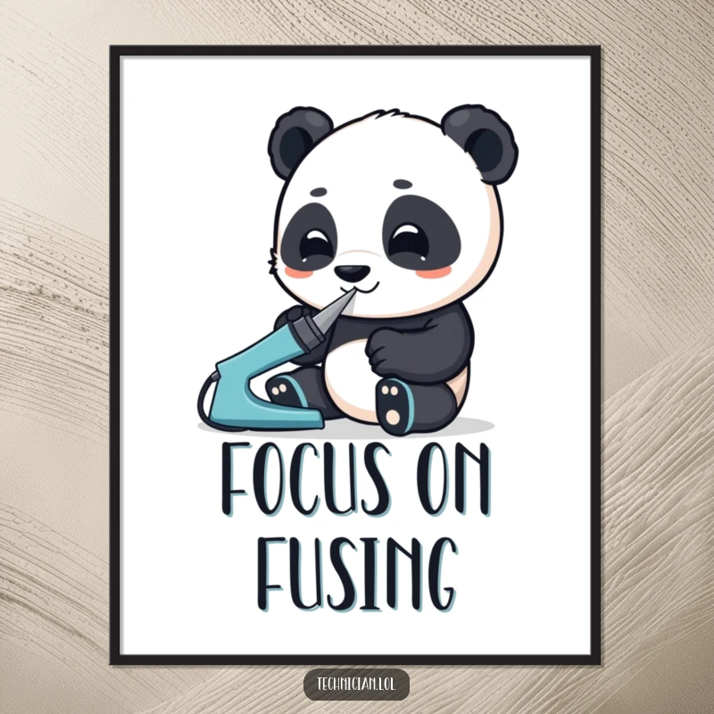 Funny poster showcasing an enthusiastic panda using a soldering iron with great focus, perfect for a humorous and inspiring workspace.