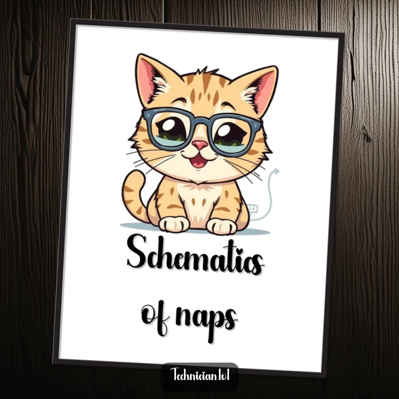 Funny cat poster, wearing glasses, intensely focused on glowing computer schematics, depicting a brilliant mind.